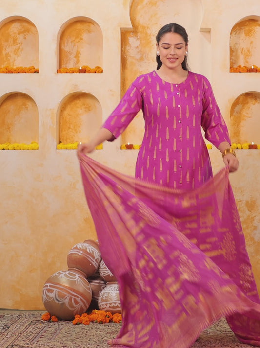 Viscose Gold foil A-line Pink Kurta