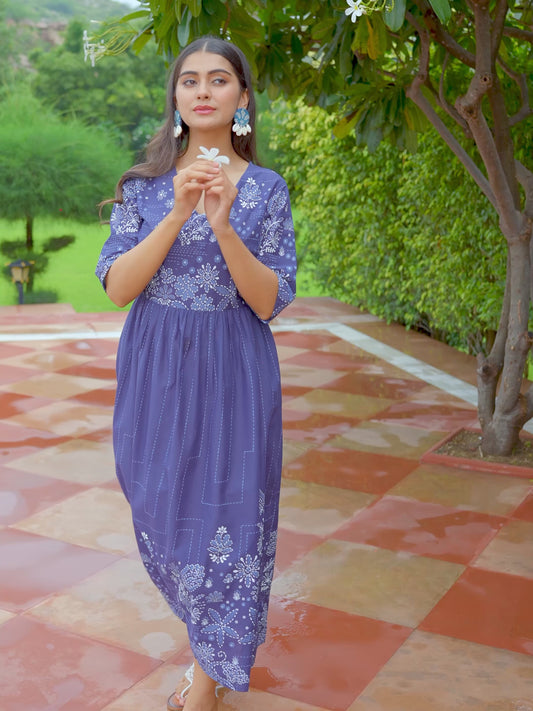 Soft Cotton Patchwork A-line Blue Dress