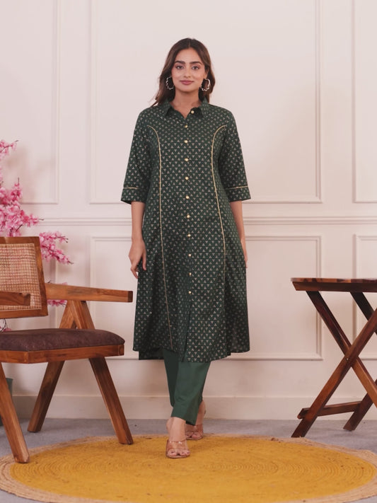 Soft Cotton Gold foil Flared Green Kurta