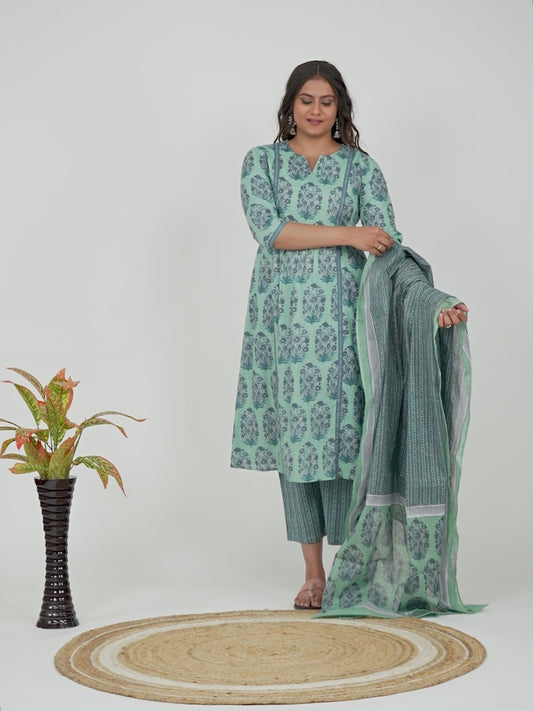 Soft Cotton Floral Panelled Green Kurta