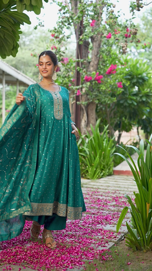 Embroidered Blended Silk Gold foil Peacock Green Kurta