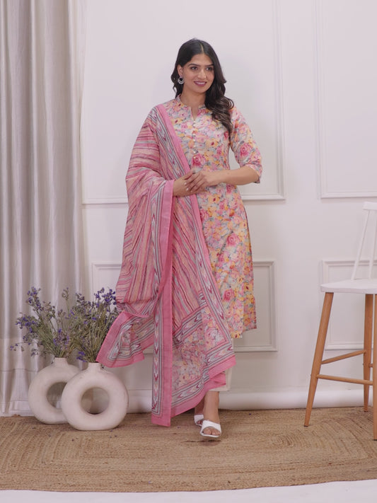 Soft Cotton Floral Straight Peach Kurta