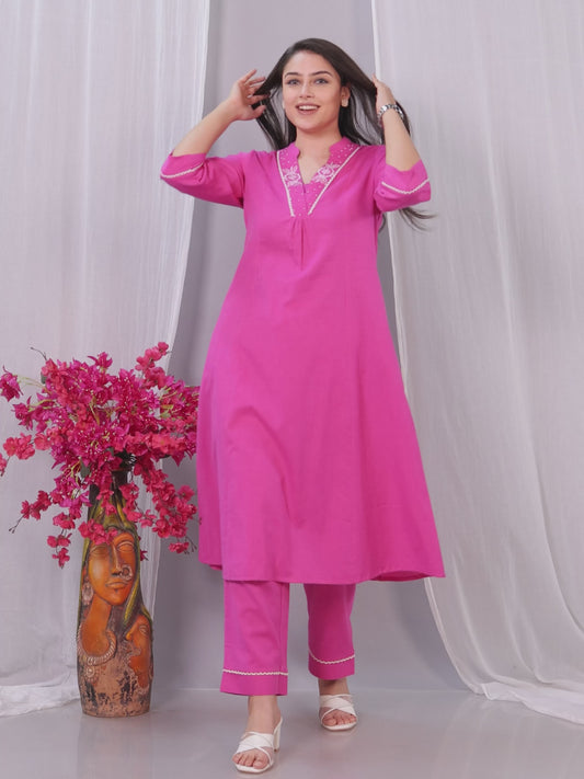Embroidered Linen Cotton Solid Flared Pink Kurta