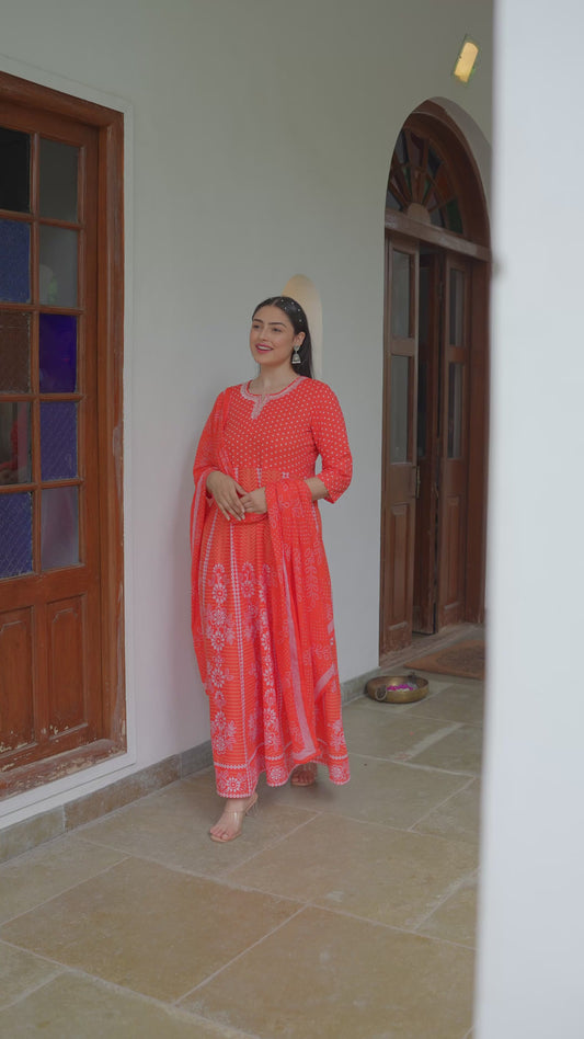 Embroidered Soft Cotton Bandhani Anarkali Orange Kurta