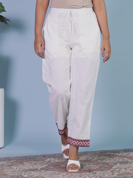 Embroidered Soft Cotton Solid Cream Straight Trousers