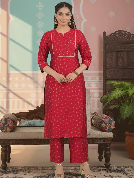Chanderi Gold foil Straight Red Kurta