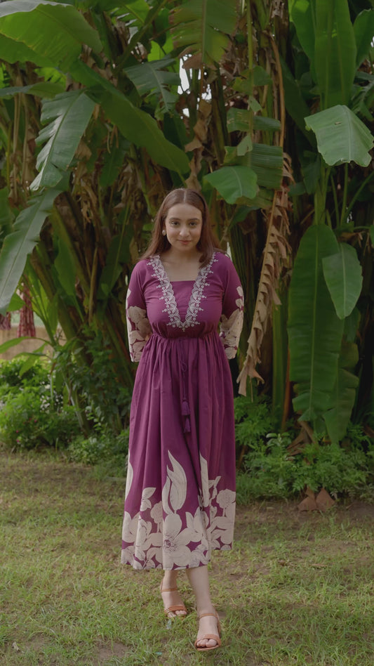 Embroidered Soft Cotton Placement Print Flared Wine Dress