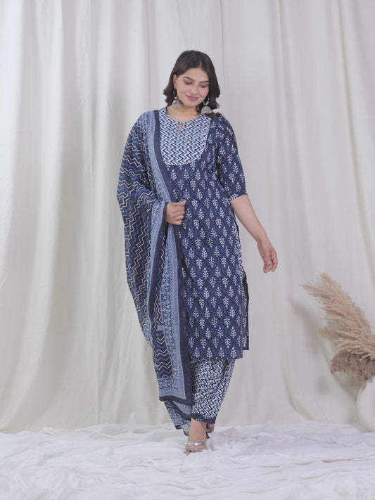 Soft Cotton Floral Straight Indigo Blue Kurta