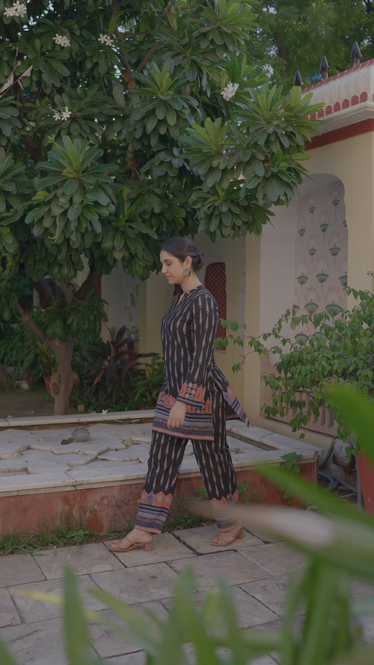Soft Cotton Placement Print Angrakha Black Kurta