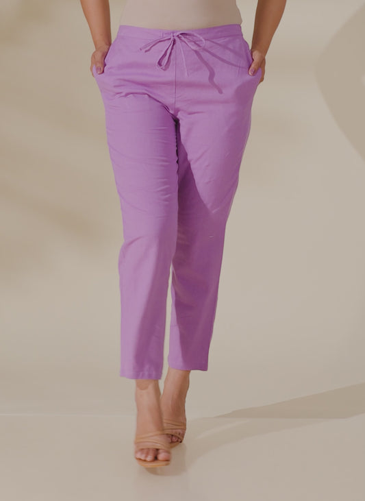 Linen Cotton Solid Purple Tapered Trousers