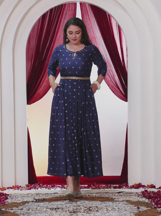 Embroidered Muslin Gold foil Anarkali Blue Dress