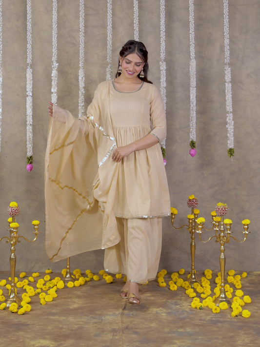 Embroidered Cotton Voile Solid Flared Beige Kurta