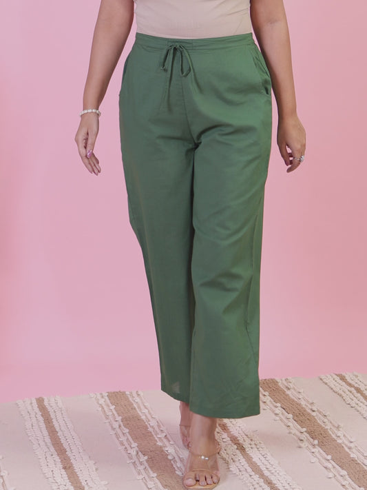 Soft Cotton Solid Green Straight Trousers