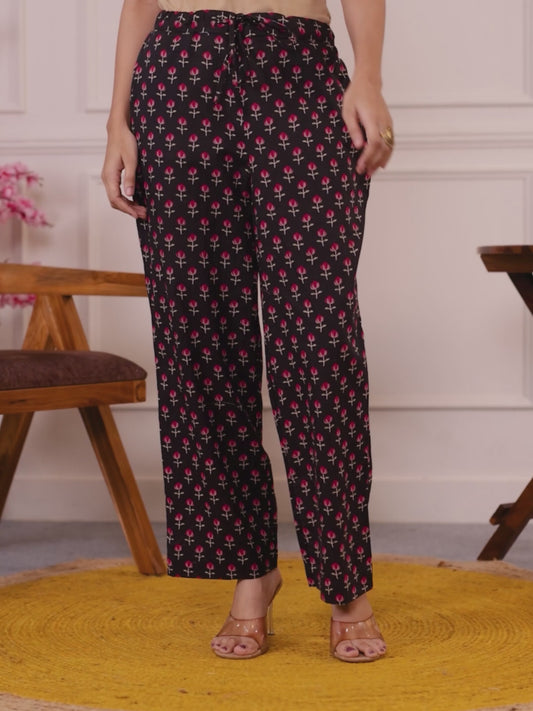 Soft Cotton Floral Black Straight Trousers