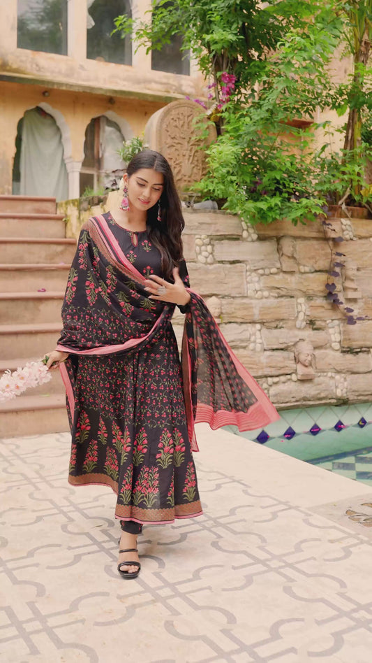 Soft Cotton Floral Anarkali Black Kurta