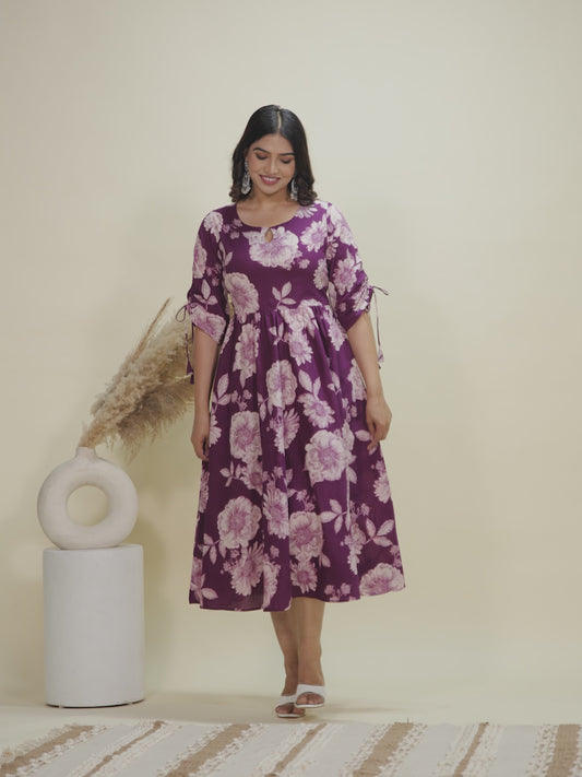 Soft Cotton Floral Flared Purple Dress
