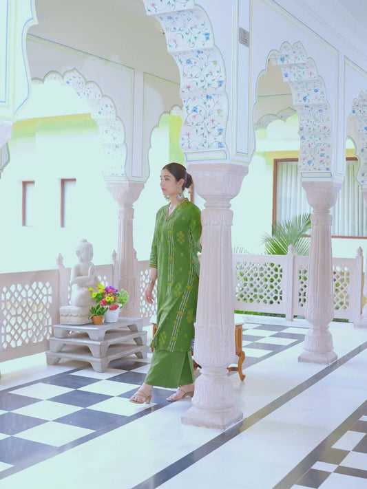 Soft Cotton Geometric A-line Green Kurta