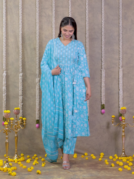 Embroidered Soft Cotton Floral Flared Blue Kurta