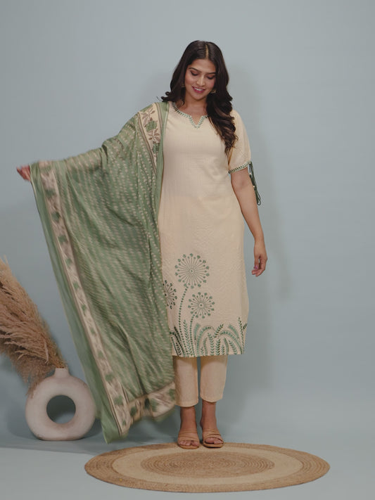 Kantha Cotton Solid Straight Beige Kurta