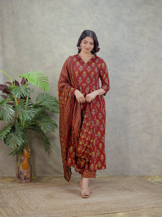 Soft Cotton Geometric Angrakha Red Kurta