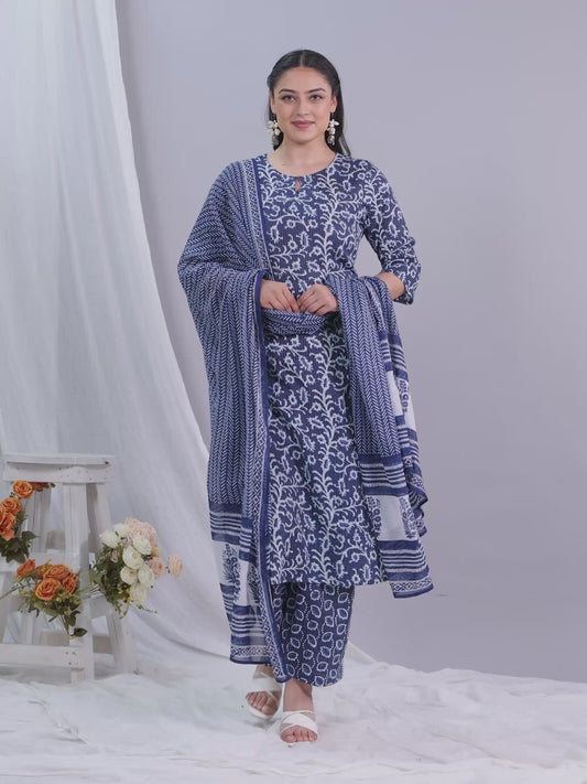 Kantha Cotton Floral Straight Blue Kurta