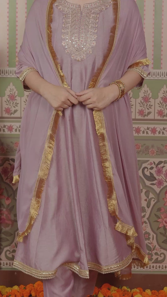 Embroidered Blended Silk Solid Anarkali Onion Pink Kurta
