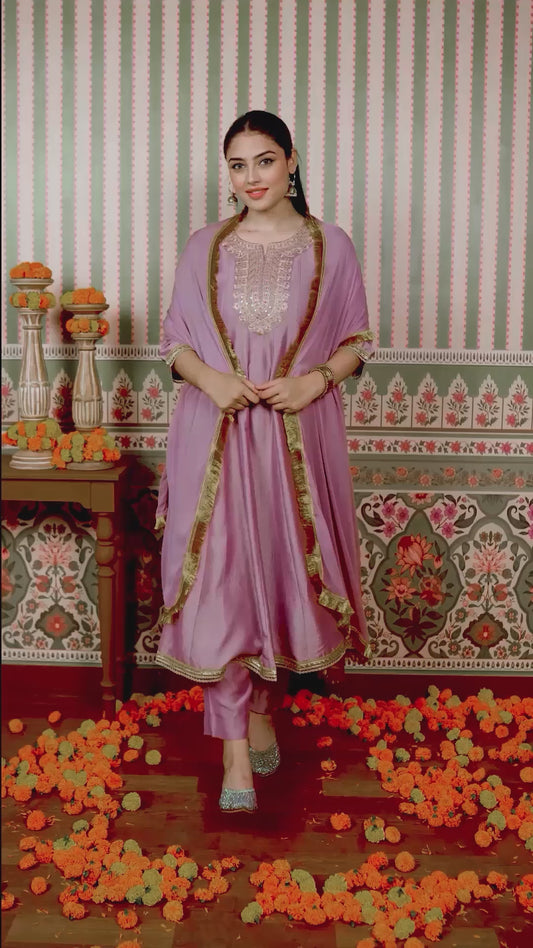 Embroidered Blended Silk Solid Anarkali Onion Pink Kurta