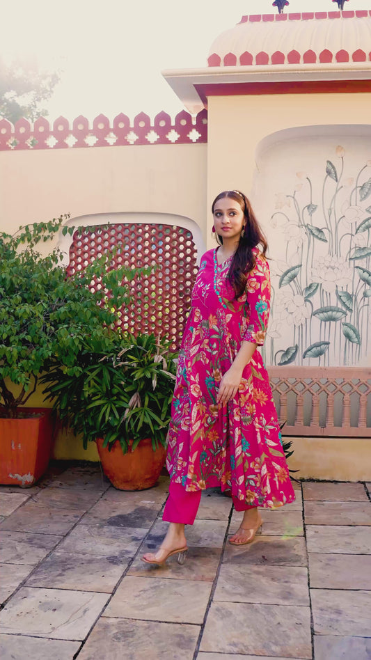 Embroidered Soft Cotton Floral Angrakha Pink Kurta