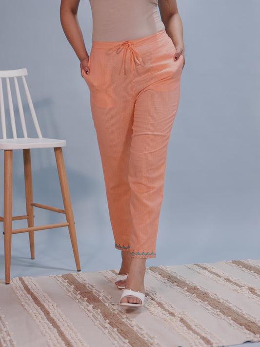 Kantha Cotton Solid Orange Tapered Trousers