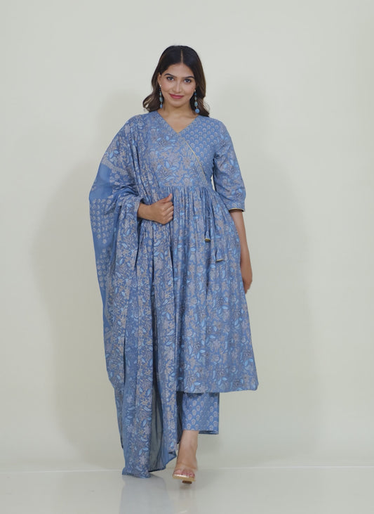 Embroidered Soft Cotton Gold foil Angrakha Blue Kurta