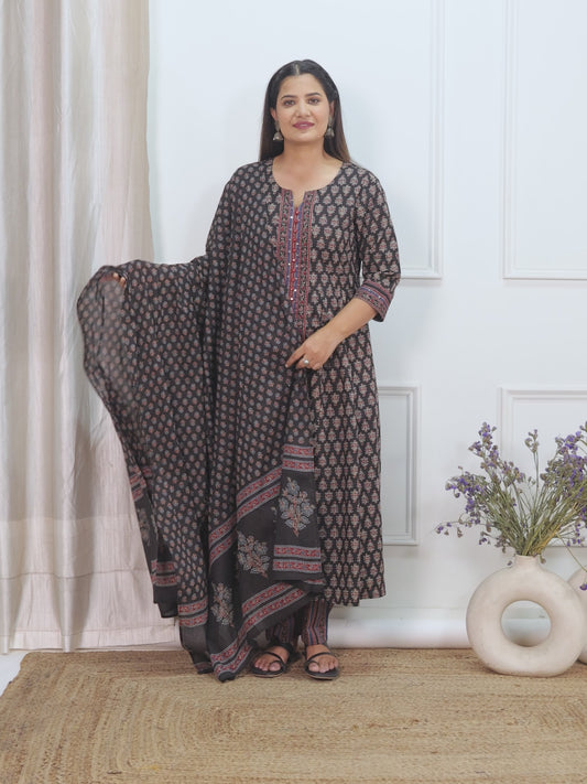 Embroidered Soft Cotton Ajrakh Anarkali Black Kurta