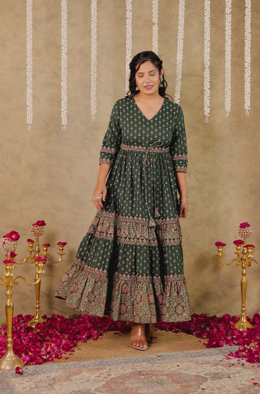 Soft Cotton Block Print A-line Green Dress