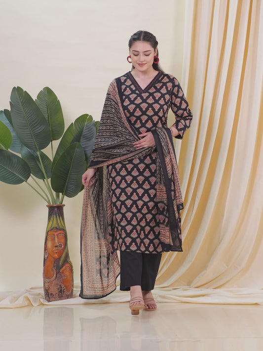 Soft Cotton Geometric A-line Black Kurta