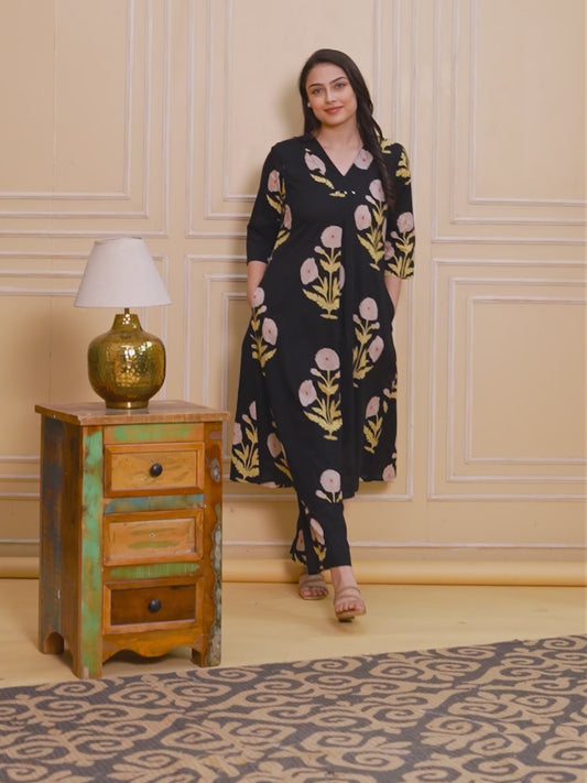 Soft Cotton Mughal Print Straight Black Kurta
