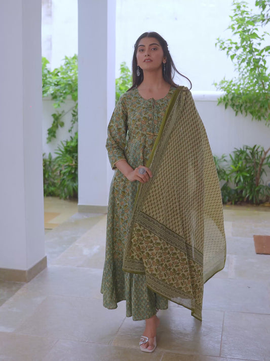 Soft Cotton Floral Anarkali Green Kurta