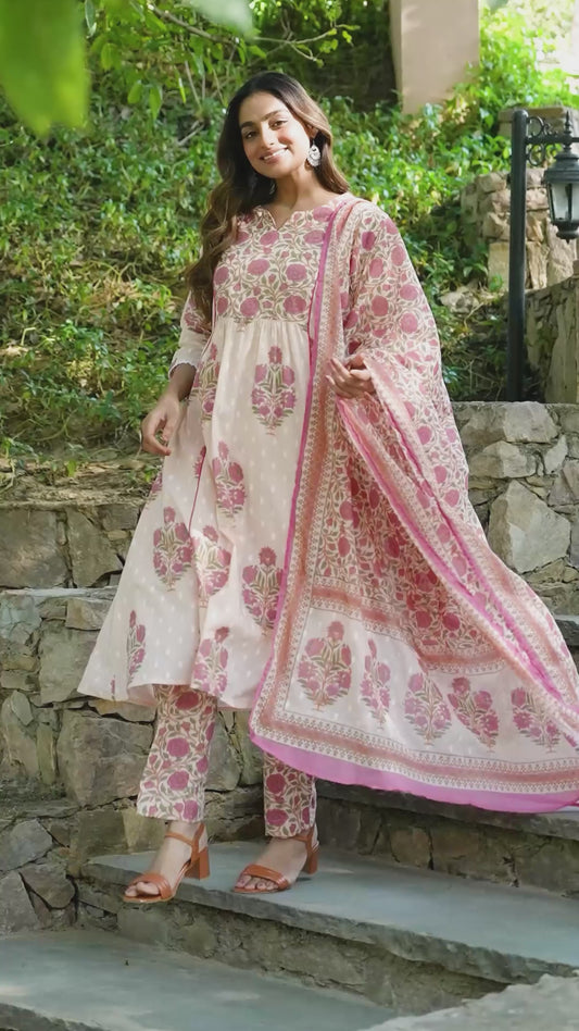 Soft Cotton Block Print Flared Baby Pink Kurta
