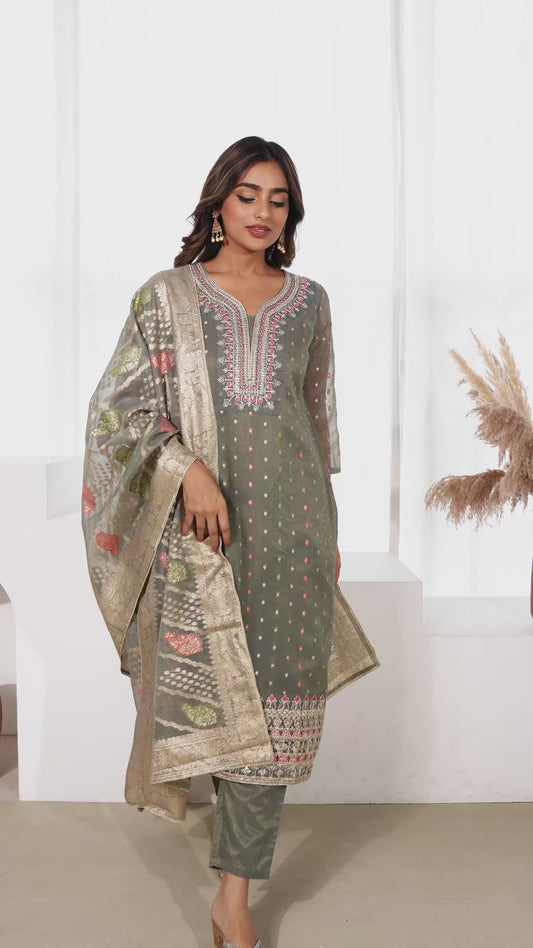 Embroidered Moss Jacquard Solid Straight Grey Kurta