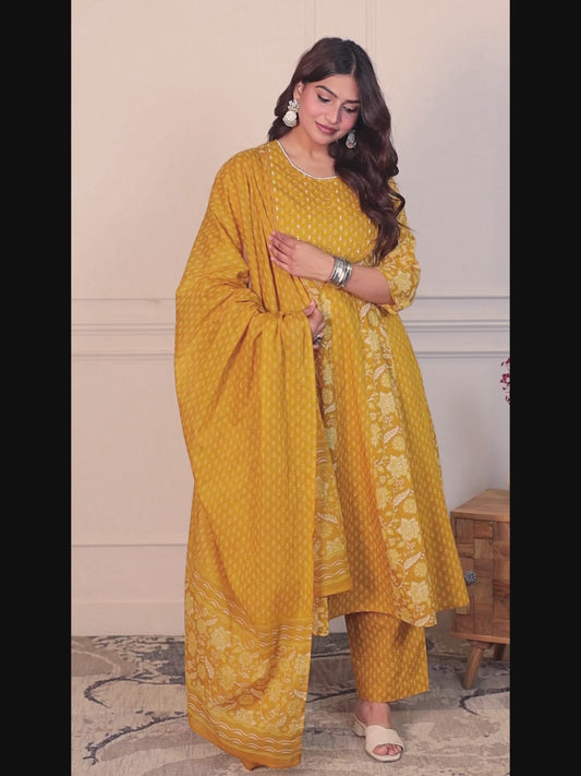 Soft Cotton Floral Anarkali Mustard Kurta