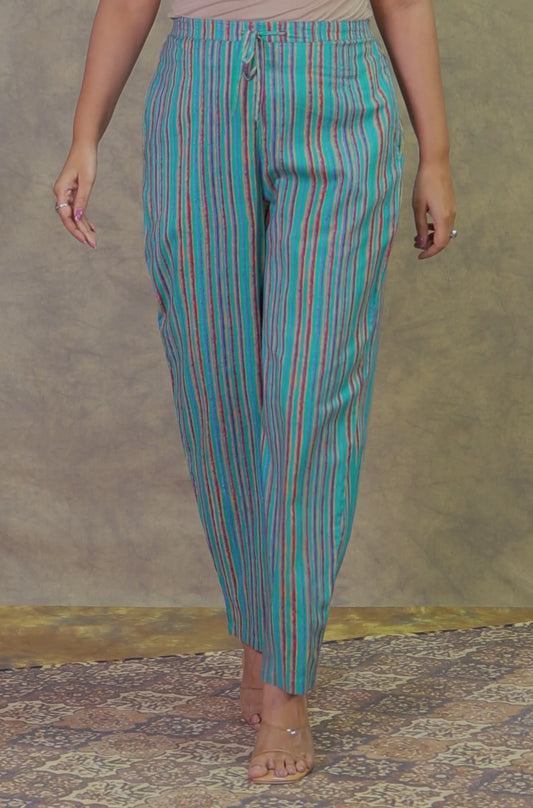 Soft Cotton Striped Green Tapered Trousers