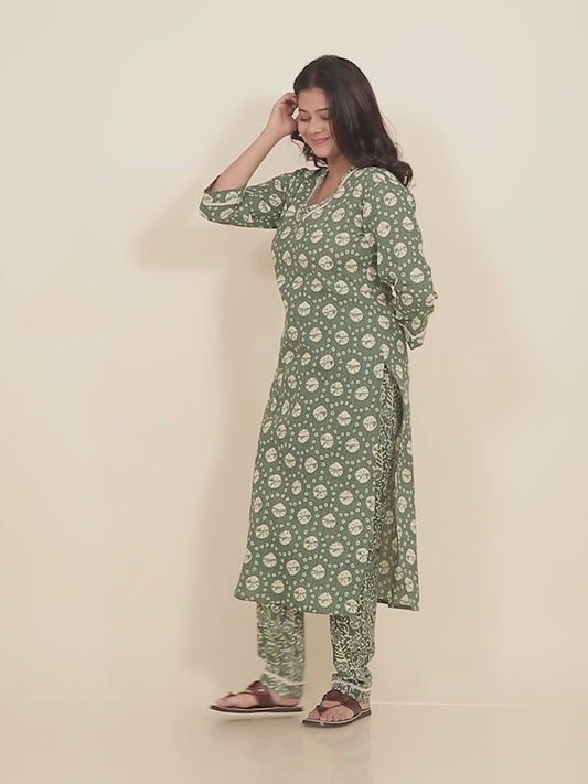 Kantha Cotton Bandhani Straight Green Kurta