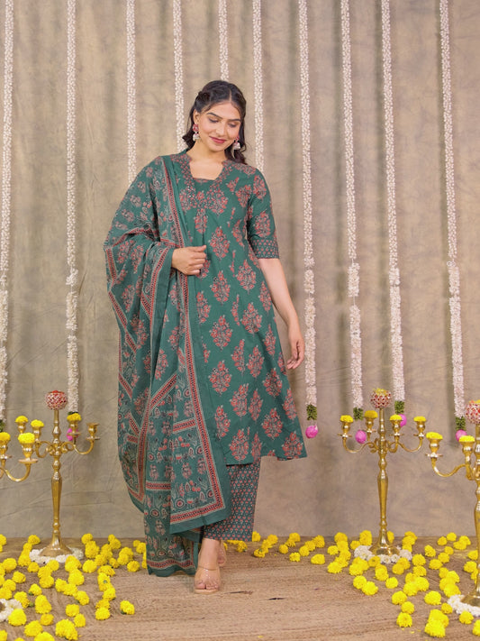 Embroidered Soft Cotton Block Print A-line Green Kurta