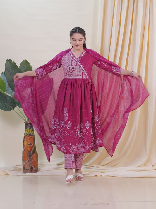 Embroidered Soft Cotton Placement Print Angrakha Purple Kurta