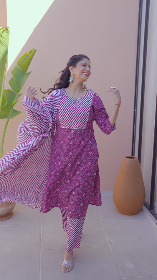 Embroidered Soft Cotton Bandhani Straight Purple Kurta