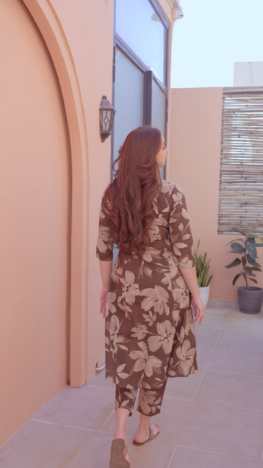 Natural Cotton Floral A-line Brown Kurta