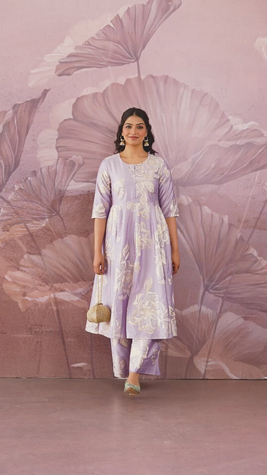 Chanderi Gold foil Anarkali Lavender Kurta