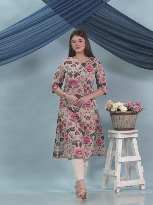 Soft Cotton Floral Straight Beige Kurta