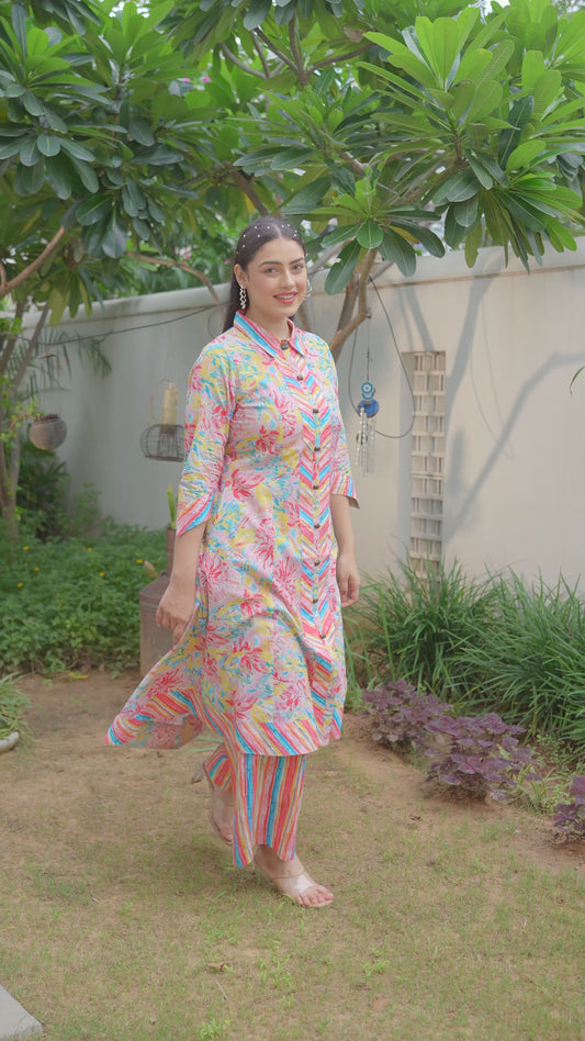 Soft Cotton Floral High Low Pink Kurta