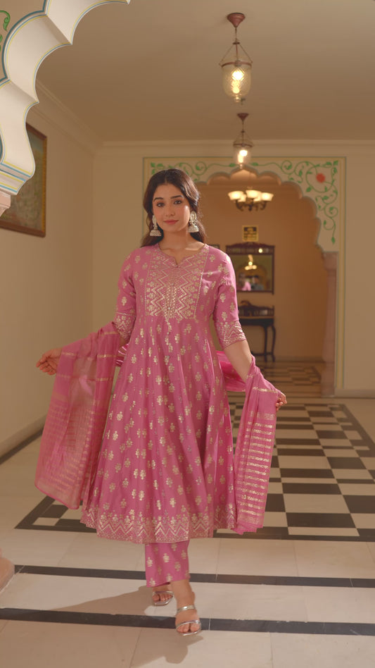 Chanderi Gold foil Flared Pink Kurta