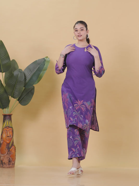 Soft Cotton Placement Print Straight Purple Kurta