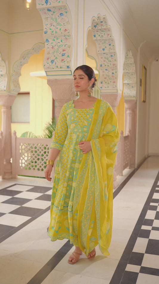 Embroidered Soft Cotton Floral Flared Lemon Yellow Kurta